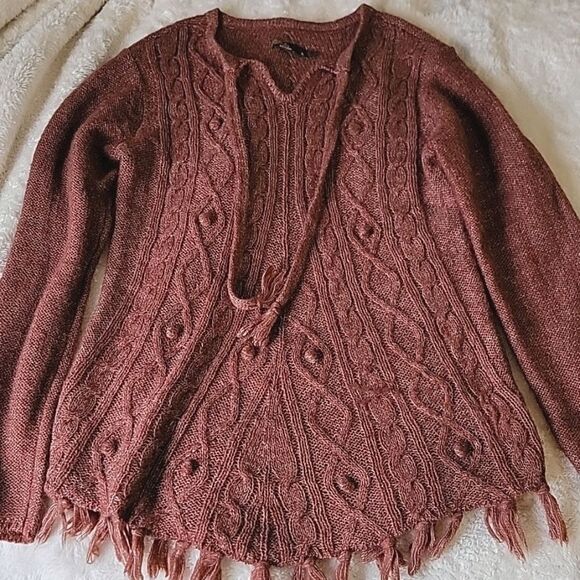 PrAna Shelby wool blend cable knit fringe pullover sweater brown M - Picture 1 of 11